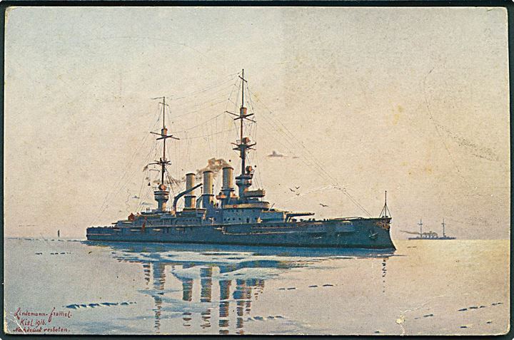 Ufrankeret feltpostkort (SMS Schlesien) med violet marinepost stempel Kais. Deustche Marineschiffspost No. (57?) d. 2.9.1917 til Sonderburg. 