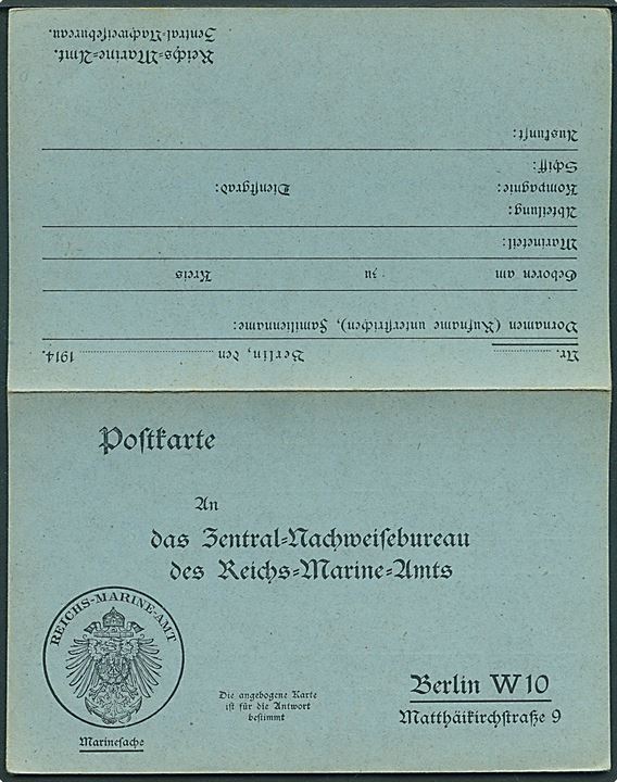 Marinesache dobbelt brevkort til Zentral-Nachweisebureau des Reichs-Marine-Amts i Berlin. Ubrugt.