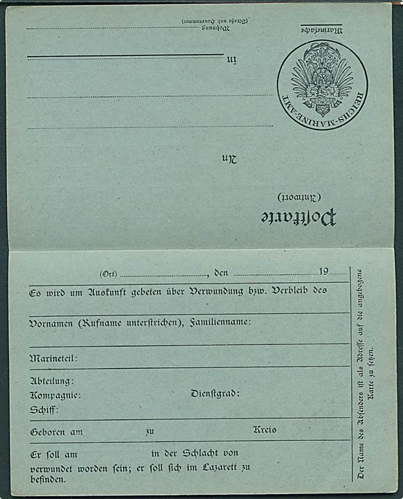 Marinesache dobbelt brevkort til Zentral-Nachweisebureau des Reichs-Marine-Amts i Berlin. Ubrugt.