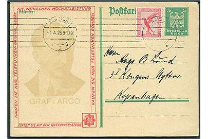 5 pfg. helsagsbrevkort med tiltryk fra Telefunken opfrankeret med 10 pfg. Luftpost fra Hamburg d. 21.4.1926 til København, Danmark.