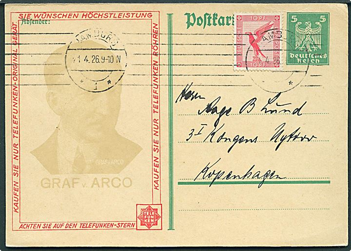 5 pfg. helsagsbrevkort med tiltryk fra Telefunken opfrankeret med 10 pfg. Luftpost fra Hamburg d. 21.4.1926 til København, Danmark.