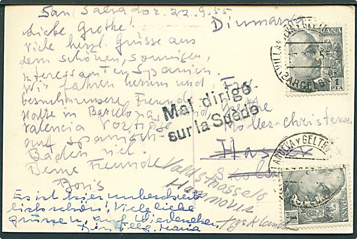 1 pta. Franco (2) på brevkort fra Barcelona d. 22.9.1955 til Haslev, Danmark - fejlsendt til Sverige med stempel Mal dirigé sur la Suéde og siden eftersendt til Hannover, Tyskland.