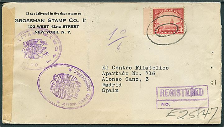 20 cents Golden Gate single på anbefalet brev fra New York d. 29.9.1939 til Madrid, Spanien. Åbnet af spansk censur i Madrid.