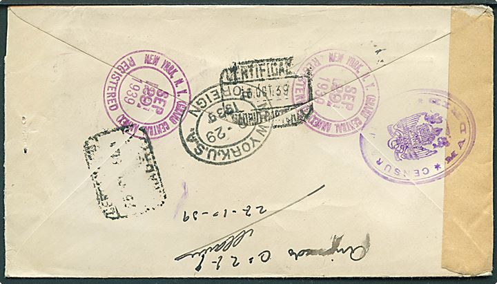 20 cents Golden Gate single på anbefalet brev fra New York d. 29.9.1939 til Madrid, Spanien. Åbnet af spansk censur i Madrid.