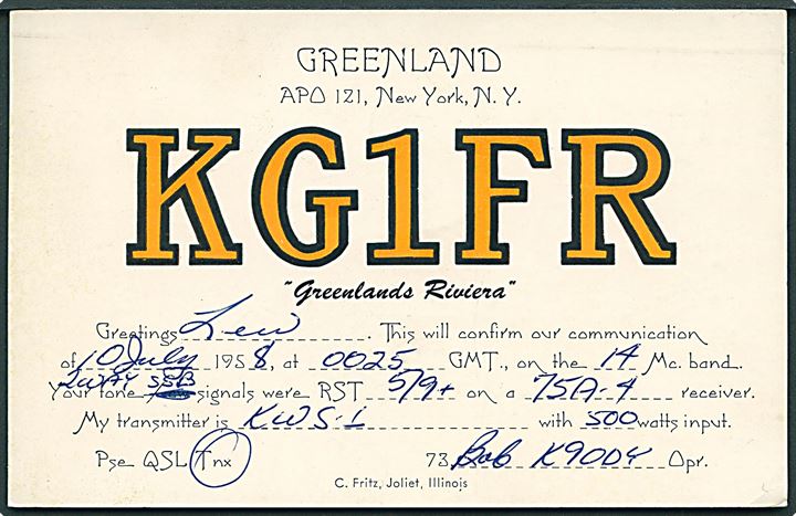 1 cent og 2 cents på QSL-kort KG1FR annulleret med maskinstempel U. S. Army - Air Force Postal Service APO 121 (= Sdr. Strømfjord) d. 19.8.1958 til Independence, USA.