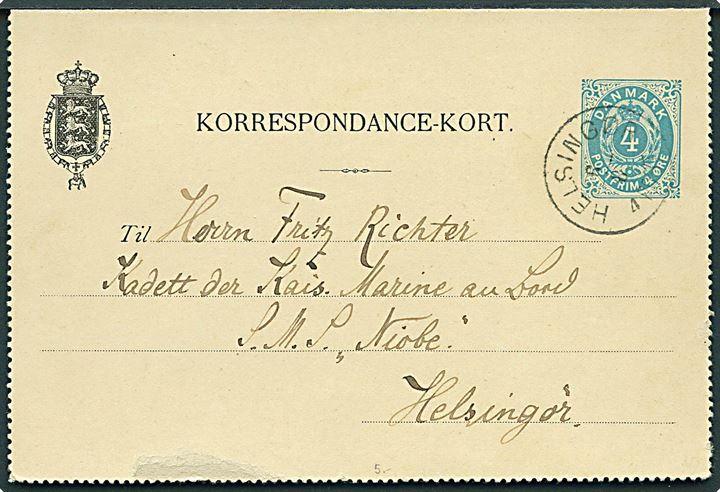 4 øre helsagskorrespondancekort annulleret med lapidar Helsingør d. 6.8.18xx sendt lokalt til tysk orlogsskib SMS Niobe. 
