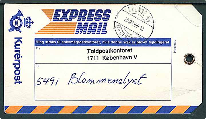 Kurérpost manila-mærke - F 133 (3-85) fra Toldpostkontoret med parantes stempel Odense NV (Postomd. Nord) d. 28.7.1988 til Blommenslyst.