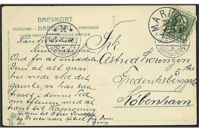 5 øre Chr. IX på brevkort annulleret med lapidar stempel Maribo d. 20.6.1906 til København. Sen anvendelse af lapidar stempel.