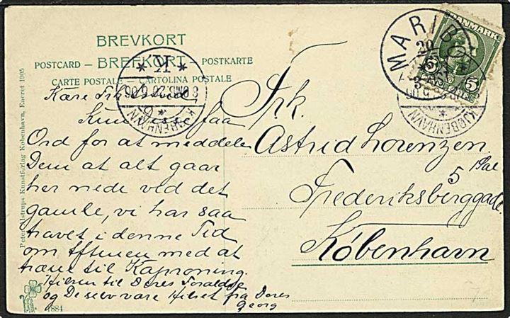 5 øre Chr. IX på brevkort annulleret med lapidar stempel Maribo d. 20.6.1906 til København. Sen anvendelse af lapidar stempel.