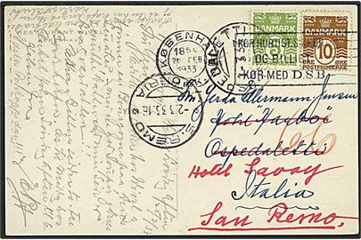 5 øre og 10 øre Bølgelinie på brevkort fra København d. 26.2.1933 til Aspedaletti, Italien - eftersendt til S. Remo.