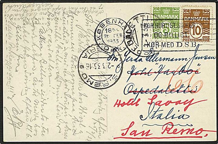 5 øre og 10 øre Bølgelinie på brevkort fra København d. 26.2.1933 til Aspedaletti, Italien - eftersendt til S. Remo.