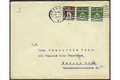 5 øre og 10 øre (2) Bølgelinie med tydelige automat afskæringer på brev fra København V. d. 14.3.1927 til Berlin, Tyskland.