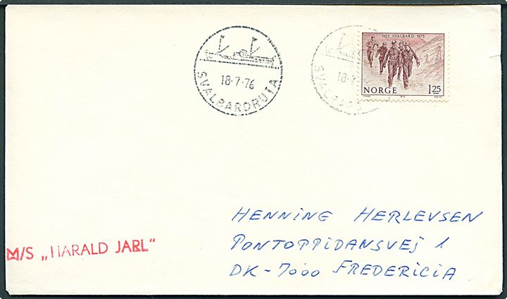 1,25 kr. Svalbard 50 år på filatelistisk brev annuleret med skibsstempel Svalbardruta d. 18.7.1976 og sidestemplet M/S Halard Jarl til Fredericia, Danmark.