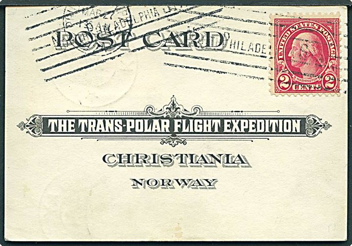 Amerikansk 2 cents Washington stemplet Philadelphia d. 27.3.1924 på lille brevkort til The Trans-Polar Flight Expedition i Christiania, Norge. Opfrankeret med 5 øre Posthorn og 25 øre Svalbard stemplet Kings Bay d. 18.4.1925 til Philadelphia, USA.