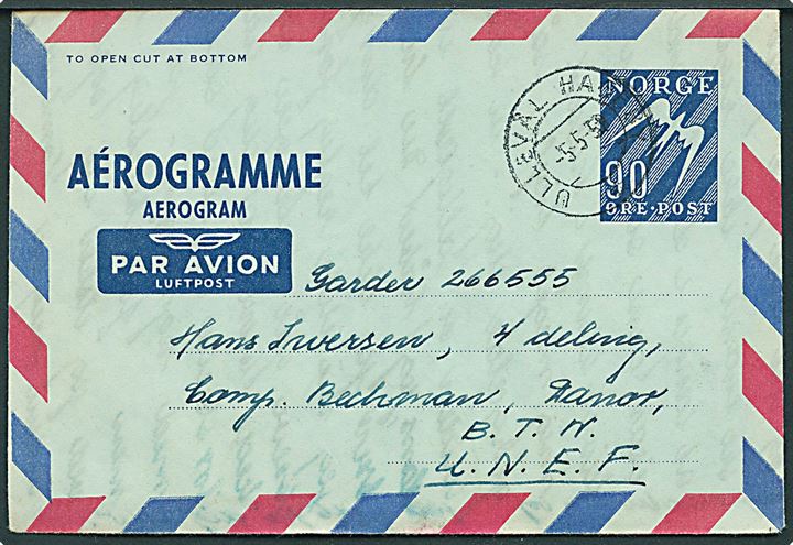 90 øre helsags aerogram fra Ullevål Hageby d. 5.5.1959 til dansk FN-soldat ved Comp. Bechmann, DANOR BN, UNEF,