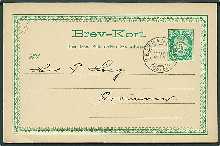 5 øre helsagsbrevkort annulleret med bureaustempel Vestbanenes Postexp. d. 20.5.1890 til Drammen.