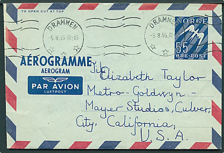 55 øre helsags aerogram fra Drammen d. 5.8.1955 til skuespilleren Elizabeth Taylor ved Metro-Goldwyn-Mayer Studio's, Culver City, USA.