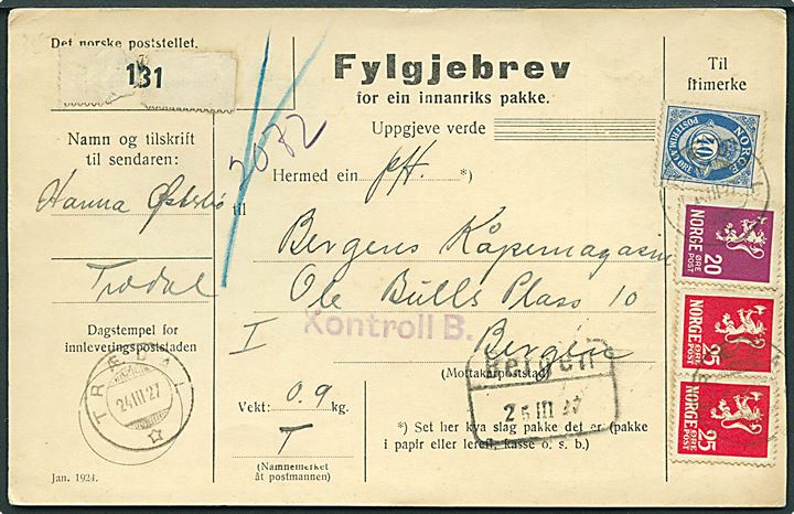 20 øre, 25 øre (par) Løve og 40 øre Posthorn på adressebrev for pakke fra Trædal d. 24.3.1927 til Bergen. Liniestempel Kontroll B.