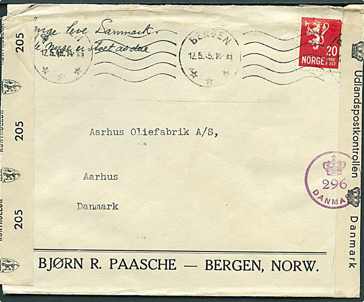 20 øre Løve på brev fra Bergen d. 12.5.1945 til Aarhus, Danmark. Dobbelt censureret af både norsk efterkrigscensur no. 205 og dansk efterkrigscensur (krone)/296/Danmark.