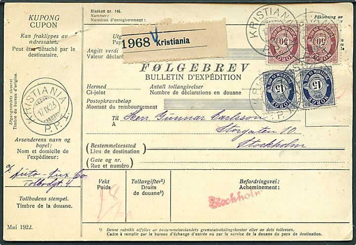 15 øre og 50 øre Posthorn i parstykker på internationalt adressebrev for pakke fra Kristiania d. 17.9.1923 til Stockholm, Sverige.