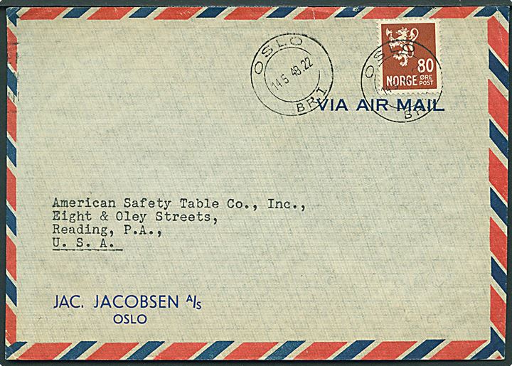 80 øre Løve single på luftpostbrev fra Oslo d. 14.5.1948 til Reading, USA.