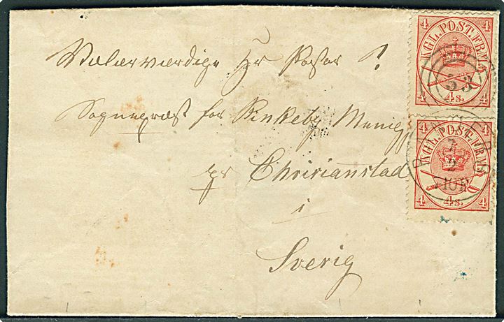 4 sk. Krone/Scepter (2) på 8 sk. frankeret brev annulleret med kombineret nr.stempel 53/Randers d. 7.2.1869 via Kiøbenhavn og svensk bureau PKXP Nr. 2 til Christianstad, Sverige.