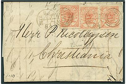 4 sk. Krone/Scepter (3) på 12 sk. frankeret brev annulleret med kombineret nr.stempel 181/Sjæll.P.B. d. 7.1.1867 til Christiania, Norge.