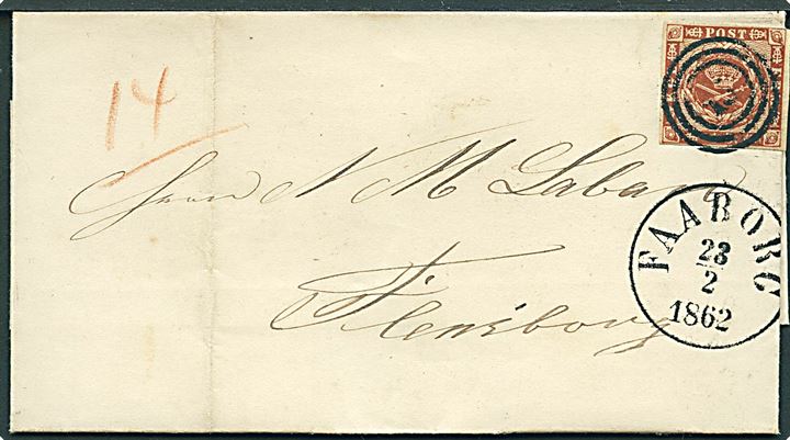 4 sk. 1858 udg. på brev annulleret med nr.stempel 15 og sidestemplet antiqua Faaborg d. 23.2.1862 til Flensburg.