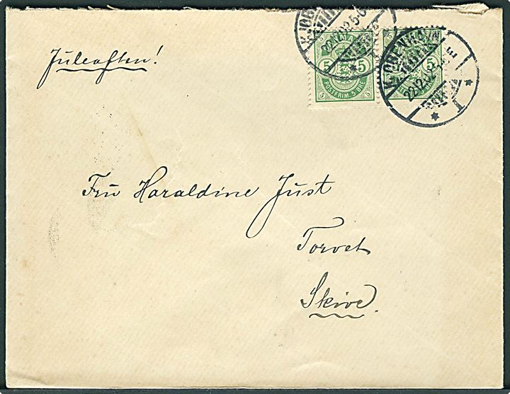 5 øre Våben i parstykke på brev fra Kjøbenhavn d. 22.12.1902 til Skive. Påskrevet Juleaften. 