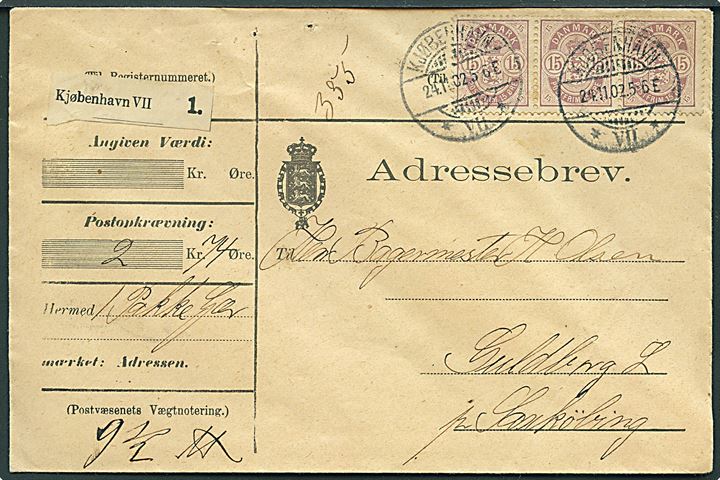 15 øre Våben i 3-stribe på adressebrev for pakke med opkrævning fra Kjøbenhavn d. 24.11.1902 til Guldborg L. pr. Saxkjøbing.