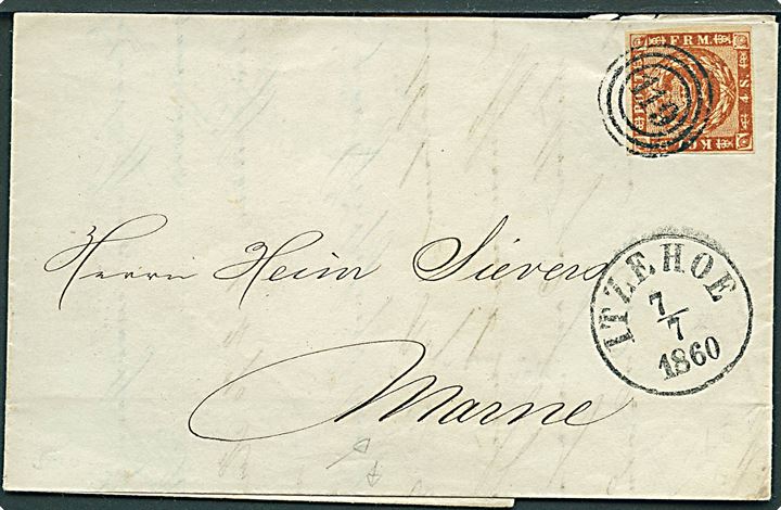 4 sk. 1858 udg. på brev annulleret med nr.stempel 119 og sidestemplet antiqua Itzehoe d. 7.7.1860 til Marne. På bagsiden ank.stemplet antiqua Marne d. 7.7.1860.