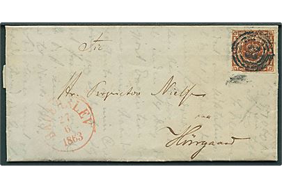 4 sk. 1858 udg. på brev annulleret med nr.stempel 23 og sidestemplet med rødt antiqua Haderslev d. 27.6.1863 til H..gaard. På bagsiden rød antiqua Haderslev d. 28.6.1863.