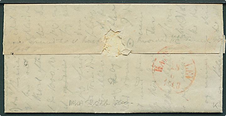 4 sk. 1858 udg. på brev annulleret med nr.stempel 23 og sidestemplet med rødt antiqua Haderslev d. 27.6.1863 til H..gaard. På bagsiden rød antiqua Haderslev d. 28.6.1863.