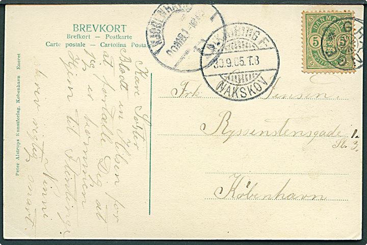 5 øre Våben på brevkort annulleret med stjernestempel GRÆNGE og sidestemplet Nykjøbing F. - Nakskov T.8 d. 30.9.1905 til København.