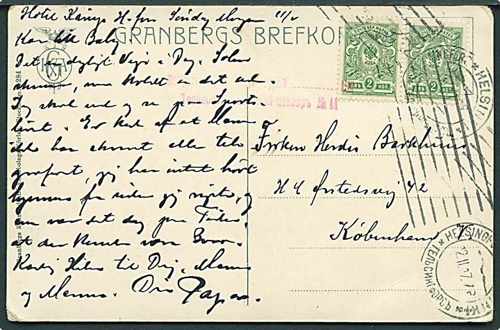 Russisk 2 kop. Våben i parstykke på brevkort fra Helsingfors d. 12.2.1917 til København, Danmark. Russisk censur fra Torneå.