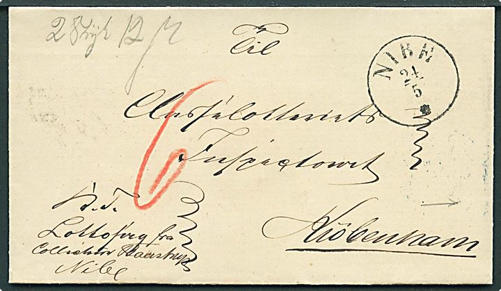 186x. Ufrankeret K.T.-brev mærket Lottosag med antiqua Nibe d. 24.5.186x via Aalborg til Kiøbenhavn. Påskrevet 6 sk. porto.