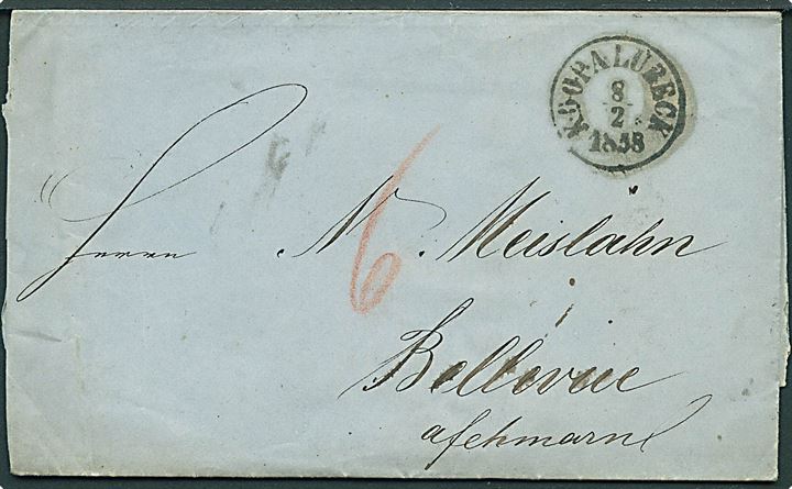 1858. Portobrev med antiqua K.D.O.P.A. Lübeck d. 8.2.1858 til Bellevue på Fehmarn. Påskrevet 6 sk. porto. Fuldt indhold.