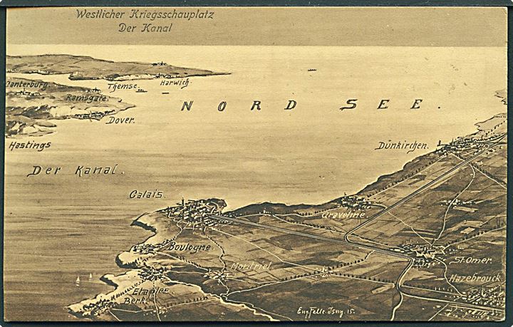1. Verdenskrig. Den Østlige og Vestlige krigsskueplads. 3 panorama kort med udsigt over Vorges, Engelske Kanal og Lyck. Eug. Felle no. 153367, 153370 & 154816.