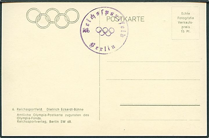 Olympiade Berlin 1936. Reichssportfeld. Dietrich Eckardt-Bühne. Reichssportverlag, Berlin SW 68. Fotokort. 