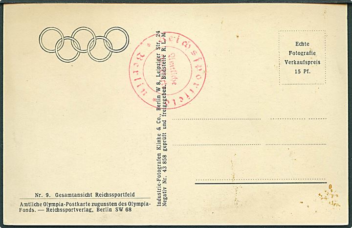 Olympiade Berlin 1936. Gesamtansicht Reichssportfeld. Reichssportverlag, Berlin SW 68, B 23. Fotokort. 