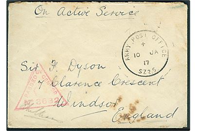 Ufrankeret feltpostbrev med skeleton Army Post Office SZ25 (= Suez Canal) d. 10.1.1917 til Winsor, England. Unit censor no. 3682