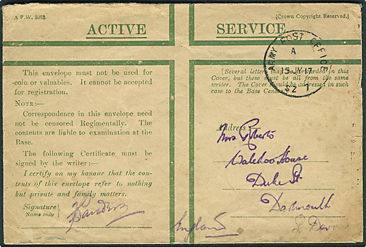 Fortrykt Honour Envelope med skeleton Army Post Office SZ7 (= Valetta, Malta) d. 15.7.1917 til England.
