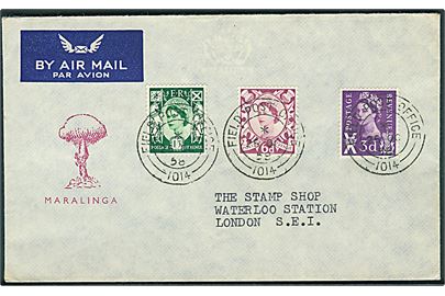 Britiswk Elizabeth udg. på illustreret luftpostkuvert annulleret med Field Post Office 1014 d. 25.10.1958 til London. Fra britisk atomprøvesprængning i Maralinga, Australien.