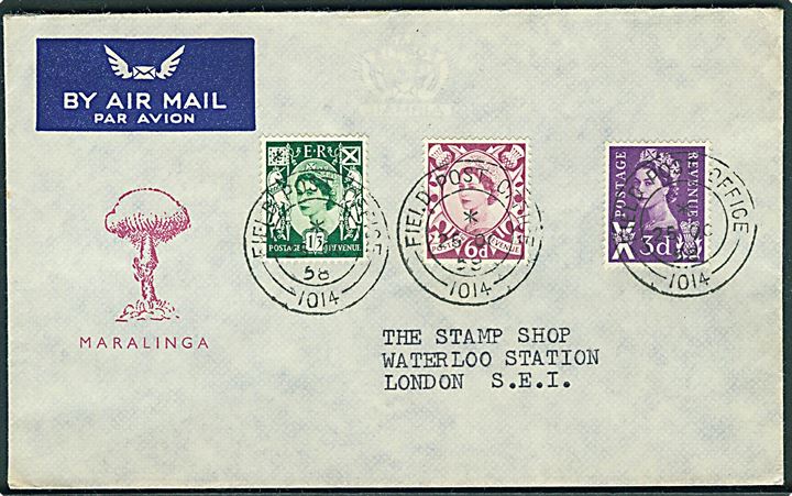 Britiswk Elizabeth udg. på illustreret luftpostkuvert annulleret med Field Post Office 1014 d. 25.10.1958 til London. Fra britisk atomprøvesprængning i Maralinga, Australien.