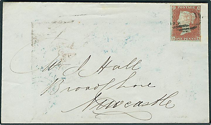 1d Victoria utakket på brev annulleret med svagt nr.stempel til New Castle. På bagsiden stemplet Beaydon, Cateshead d. 14.9.1852 og ank.stemplet Newcastle-on-Tyne d. 15.9.1852.