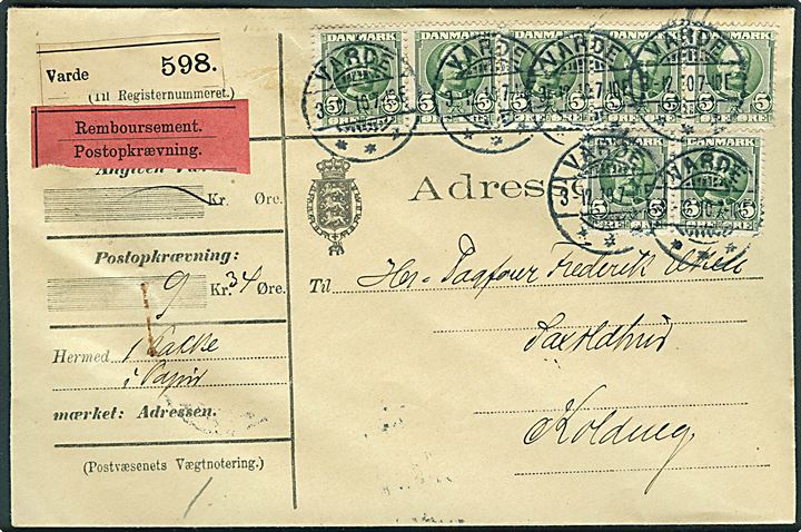 5 øre Fr. VIII (7) på adressebrev for pakke med opkrævning fra Varde d. 3.12.1910 til Kolding.
