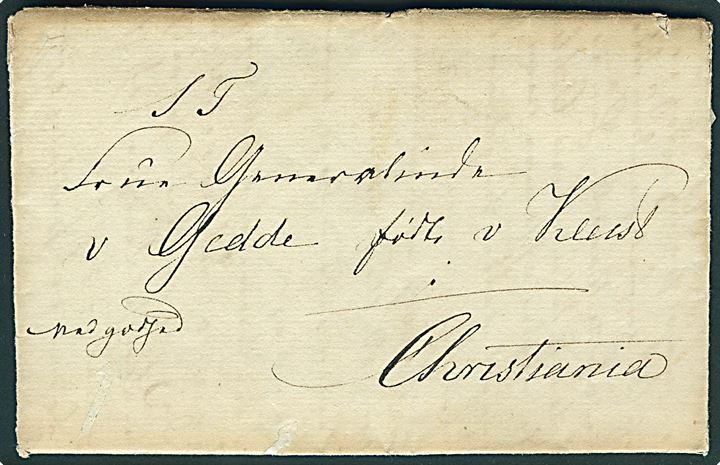 1835. Privatbefordret brev dateret Frederikshavn d. 5.7.1835 og påskrevet Ved Godhed til Christiania. Fuldt indhold.