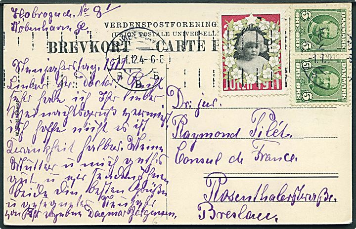 5 øre Fr. VIII i parstykke og Julemærke 1911 på brevkort annulleret Kjøbenhavn d. 1.1.1912 til Breslau, Tyskland.