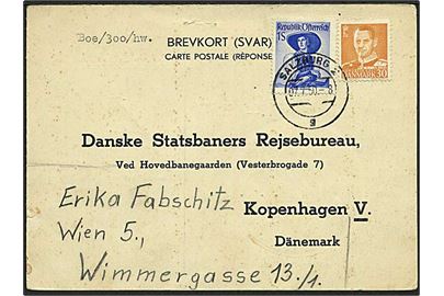 30 øre Fr. VIII på svarbrevkort opfrankeret med østrigsk 1 sh. fra Salzburg d. 7.7.1950 til København, Danmark.