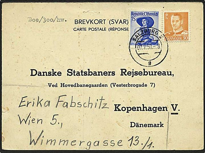 30 øre Fr. VIII på svarbrevkort opfrankeret med østrigsk 1 sh. fra Salzburg d. 7.7.1950 til København, Danmark.